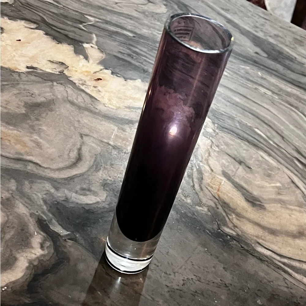 Hand Blown Polish Amethyst Purple Cylinder Vase Clear Bottom 8 1/2”